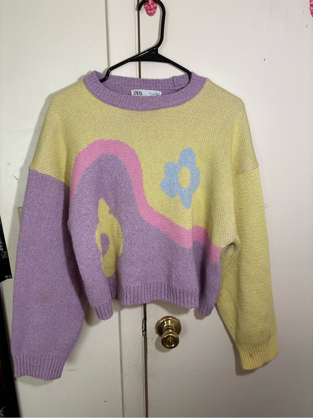 Zara pastel purple and yellow sweater with pink and blue floral graphic